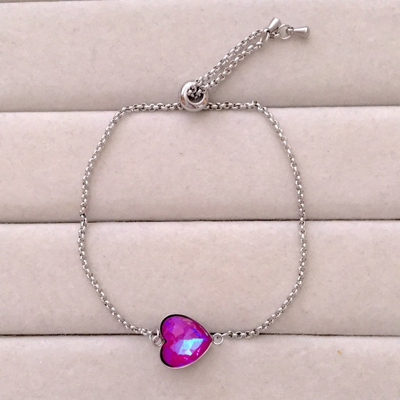 Jewelry - Fuchsia Aurora Borealis + Stainless Steel Adjustable Crystal Heart Boho Bracelet